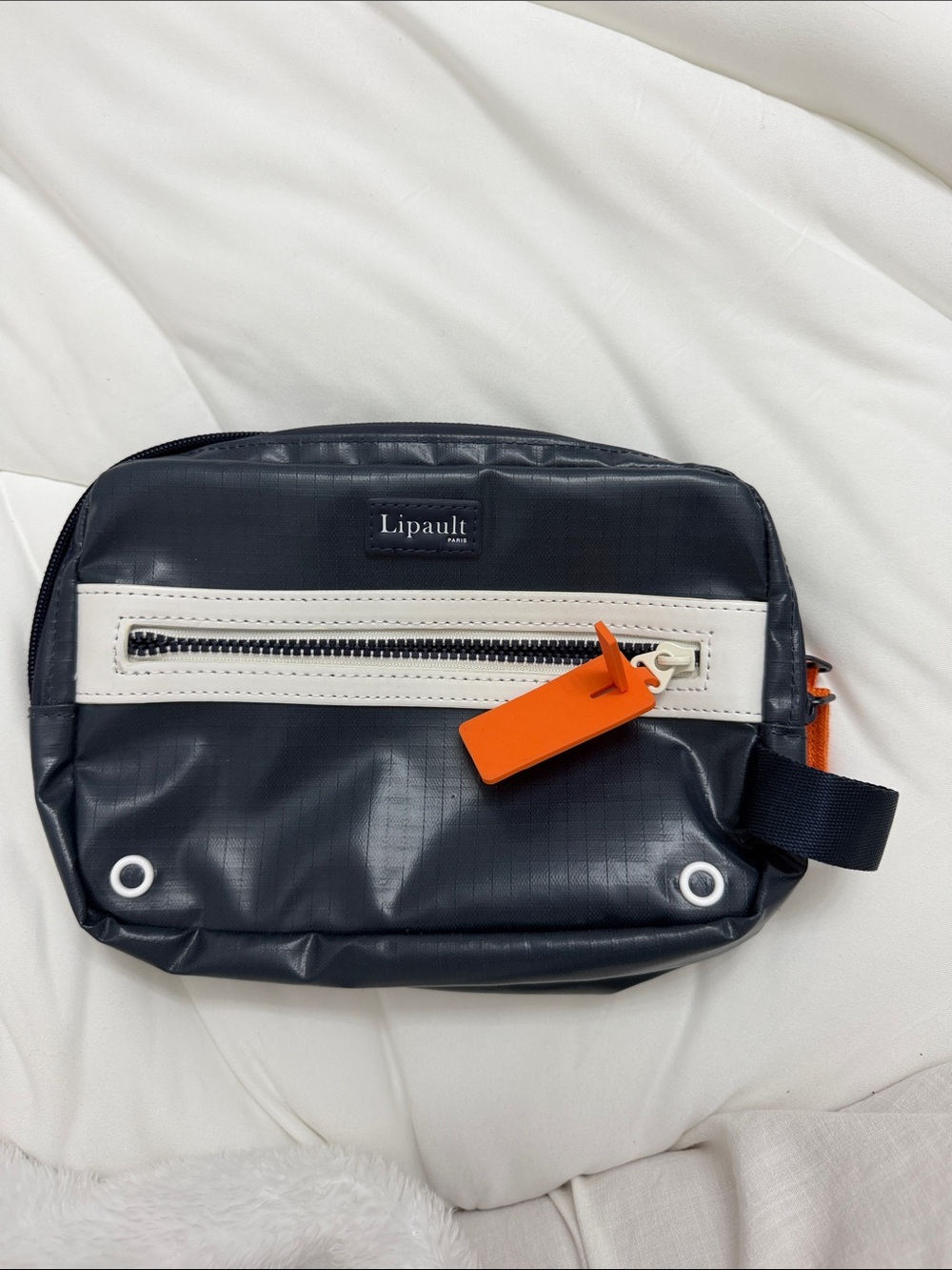 Lipault Men's Navy Toiletry Pouch with White Trim and Orange Accent
